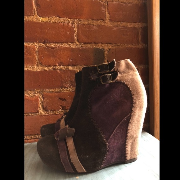 Pre-owned Retro Faux Suede Patchwork Wedge Booties Women's US Sz 7.5 - Picture 3 of 5
